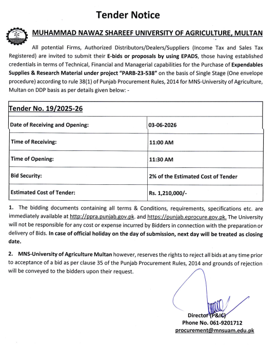 Purchase of Expendables Supplies & Research Material under project PARB-23-538 - MNS University of Agriculture Multan