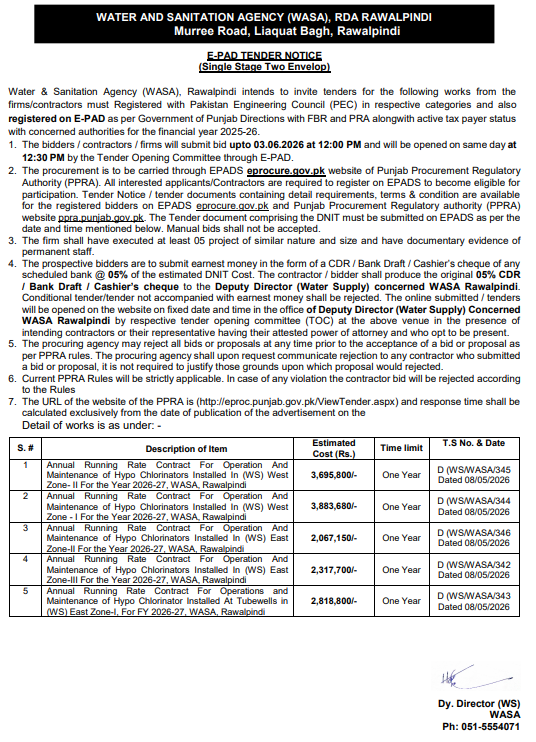 Annual Running Rate Contract for Operation & Maintenance of Hypo Chlorinators - WASA Rawalpindi - Water and Sanitation Agency (WASA), RDA Rawalpindi