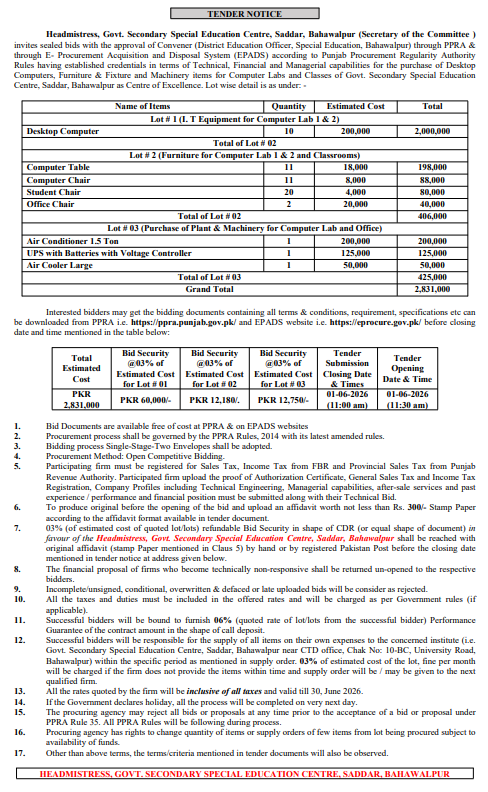 Purchase of Computers, Furniture & Machinery for Computer Labs - Govt. Secondary Special Education Centre, Saddar Bahawalpur - Govt. Secondary Special Education Centre, Saddar, Bahawalpur