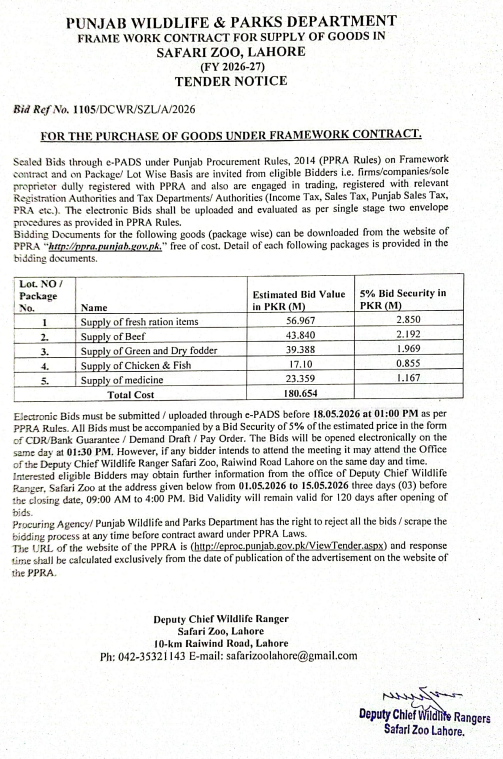 Framework Contract for Supply of Goods in Safari Zoo - Punjab Wildlife & Parks Department - Lahore - Punjab Wildlife & Parks Department