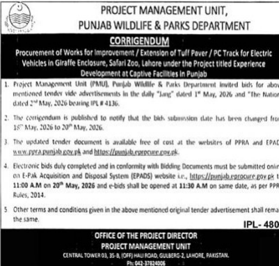 Corrigendum - Improvement/Extension of Tuff Paver/PC Track for Electric Vehicles in Giraffe Enclosure, Safari Zoo - PMU Wildlife & Parks - Project Management Unit, Punjab Wildlife & Parks Department