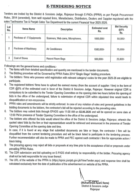Purchase of IT Equipments, Machinery & Stores - District & Sessions Judge Rajanpur