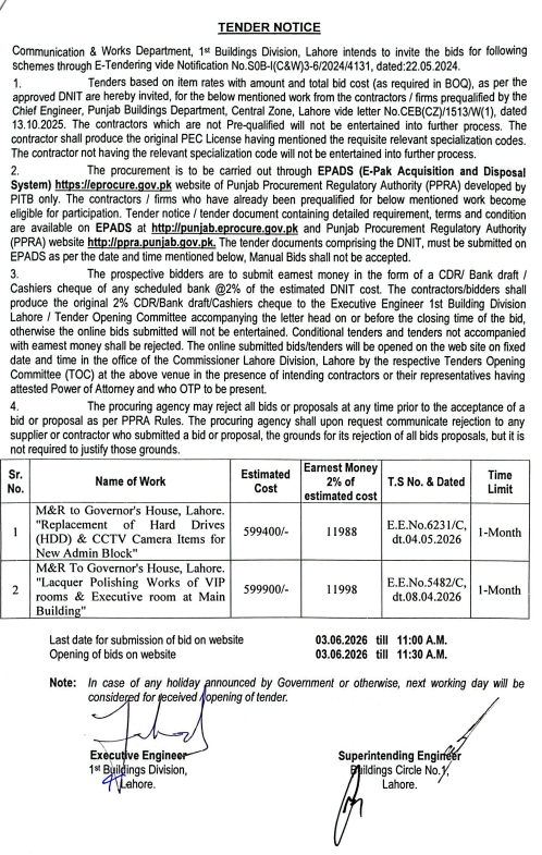 M&R to Governor's House - Replacement of Hard Drives & CCTV Items and Lacquer Polishing Works - C&W Buildings Division Lahore - Communication & Works Department, 1st Buildings Division, Lahore