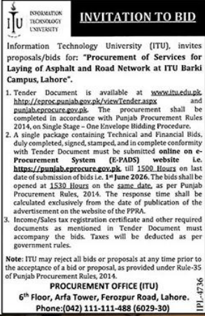 Procurement of Services for Laying of Asphalt and Road Network at ITU Barki Campus - Information Technology University