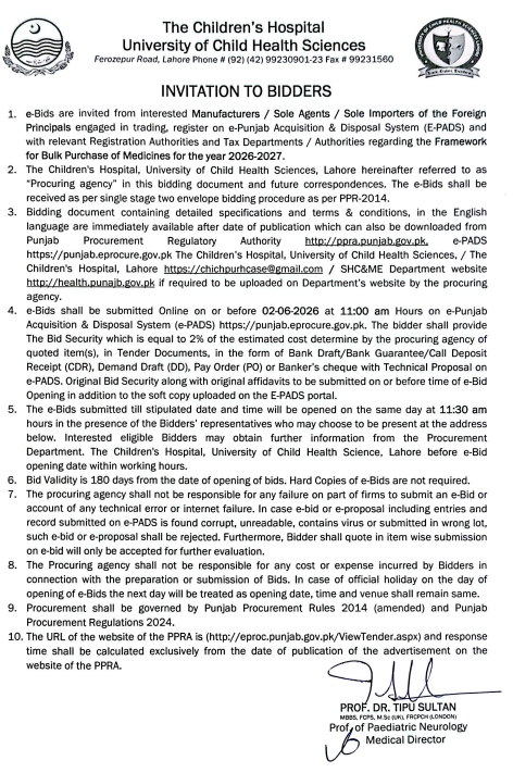 Framework for Bulk Purchase of Medicines for the year 2026-2027 - The Children's Hospital, University of Child Health Sciences - The Children's Hospital, University of Child Health Sciences, Lahore