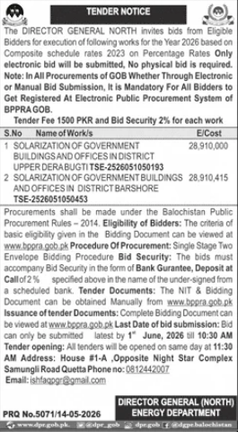 Solarization of Government Buildings and Offices - Director General North Energy Department - Upper Dera Bugti & Barshore - Director General (North) Energy Department, Government of Balochistan