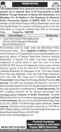 Construction of Prefabricated Static Units - Maternal Newborn & Child Health Program (MNCH) - Quetta