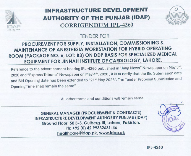 Corrigendum - Procurement for Supply, Installation, Commissioning & Maintenance of Anesthesia Workstation for Hybrid Operating Room - IDAP - Jinnah Institute of Cardiology - Infrastructure Development Authority of the Punjab (IDAP)