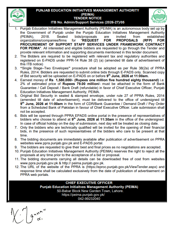 Request for Proposals for Procurement of Support Staff Services under Framework Contract - PEIMA - Punjab Education Initiatives Management Authority (PEIMA)