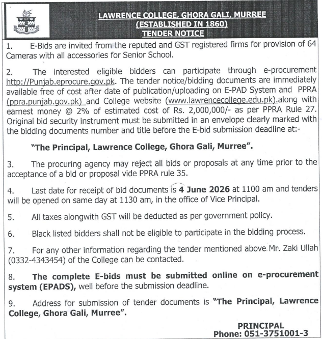 Provision of 64 Cameras with All Accessories for Senior School - Lawrence College, Ghora Gali, Murree - Lawrence College, Ghora Gali, Murree