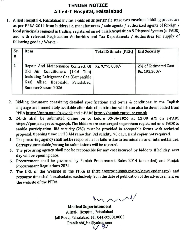Repair and Maintenance Contract of Old Air Conditioners (1-16 Ton) Including Refrigerant Gas - Allied-I Hospital, Faisalabad