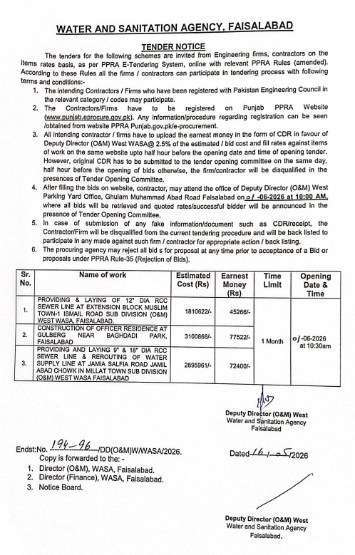 Civil Works - Sewer Lines, Officer Residence & Water Line - WASA Faisalabad - Water and Sanitation Agency, Faisalabad