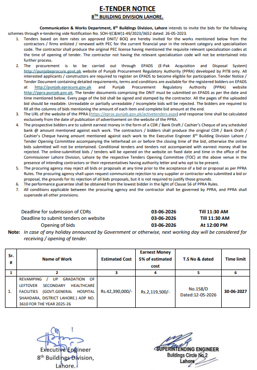 Revamping / Up Gradation of Leftover Secondary Healthcare Facilities - Govt. General Hospital Shahdara - C&W 8th Building Division - Communication & Works Department, 8th Building Division, Lahore