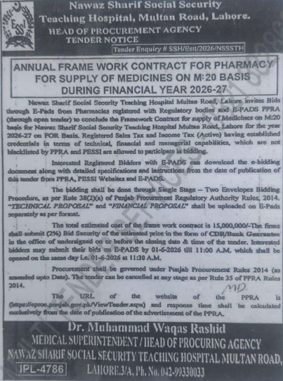 Annual Framework Contract for Pharmacy for Supply of Medicines on M-20 Basis - Nawaz Sharif Social Security Teaching Hospital - Nawaz Sharif Social Security Teaching Hospital