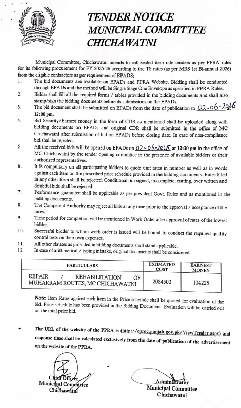 Repair / Rehabilitation of Muharram Routes - Municipal Committee Chichawatni - Municipal Committee Chichawatni