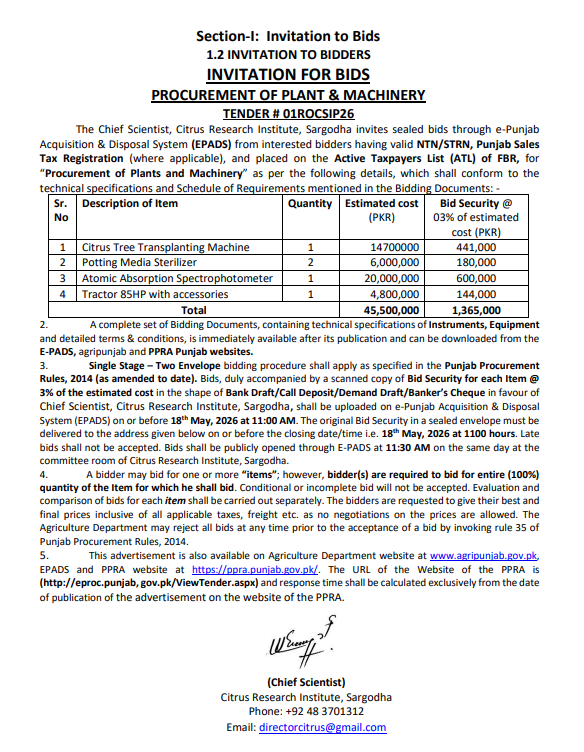 Procurement of Plant & Machinery - Citrus Research Institute, Sargodha - Citrus Research Institute, Sargodha