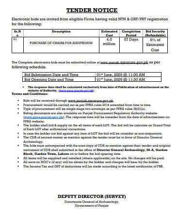Purchase of Chairs for Auditorium - Directorate General of Archaeology, Punjab - Directorate General of Archaeology, Government of Punjab