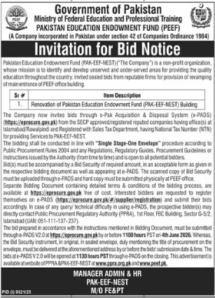 Renovation of Pakistan Education Endowment Fund (PAK-EEF-NEST) Building - PEEF - Pakistan Education Endowment Fund (PAK-EEF-NEST)