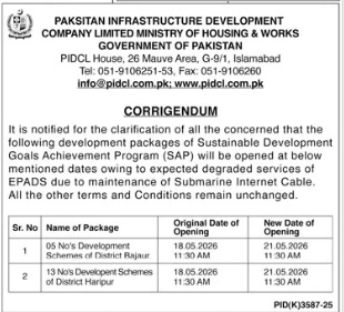 Corrigendum - Development Schemes of District Bajaur & Haripur - PIDCL