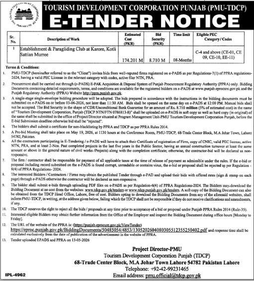 Establishment & Paragliding Club at Karore, Kotli Sattian Murree - PMU-TDCP - Tourism Development Corporation Punjab (PMU-TDCP)