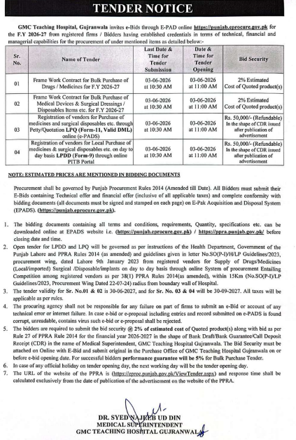 Framework Contract for Bulk Purchase of Drugs/Medicines for FY 2026-27 - GMC Teaching Hospital Gujranwala - GMC Teaching Hospital Gujranwala