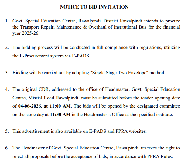 Transport Repair, Maintenance & Overhaul of Institutional Bus - Govt. Special Education Centre, Rawalpindi - Govt. Special Education Centre, Rawalpindi