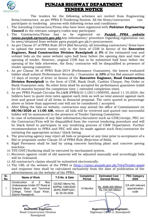 Construction of 2 Nos Underpasses Under GT Road at Guyanya More and Technical College, Tehsil Gujar Khan, District Rawalpindi - Punjab Highway Department, Road Construction Division Rawalpindi