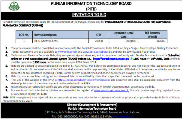 Procurement of RFID Access Cards for ASTP under Framework Contract (ASTP-08) - Punjab Information Technology Board (PITB) - Punjab Information Technology Board (PITB)