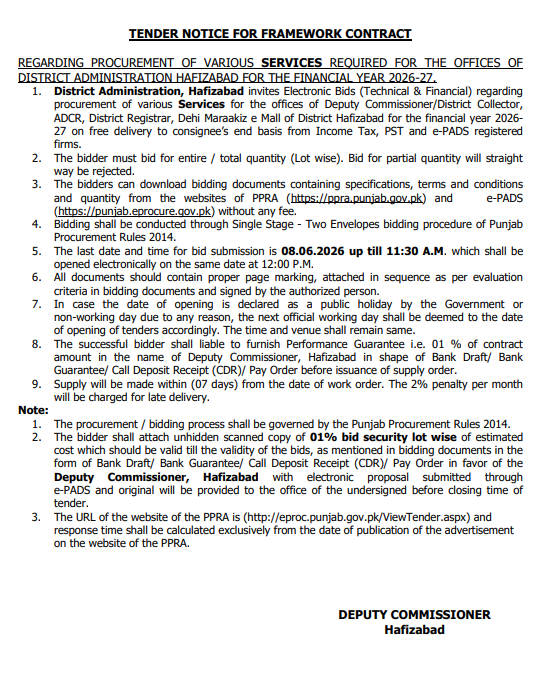 Framework Contract for Procurement of Various Services Required for Offices of District Administration Hafizabad FY 2026-27 - Deputy Commissioner, Hafizabad