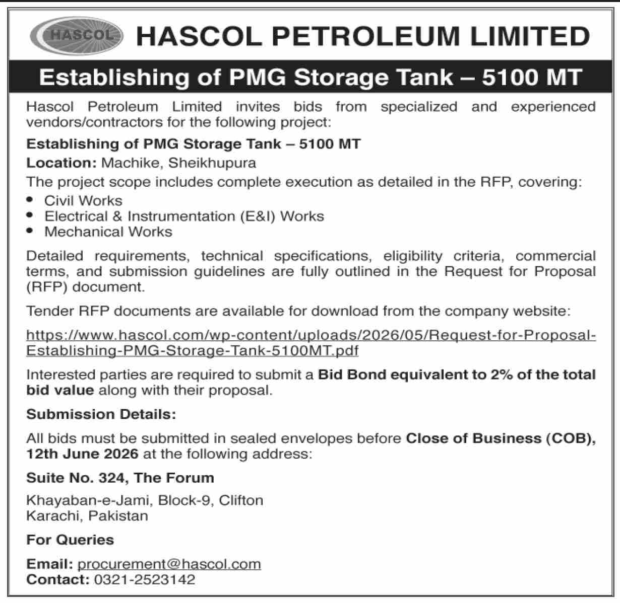 Establishing of PMG Storage Tank – 5100 MT - Hascol Petroleum Limited - Hascol Petroleum Limited
