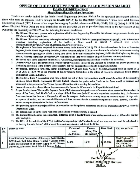 Rehabilitation / Construction of Sewerage, Water Supply, PCC Street, Tuff Tiles, Drain / Nullah / Culvert, Street Lights and Solarization of Water Supply in GC Women University - PHE Division Sialkot - Office of the Executive Engineer, P.H.E Division Sialkot