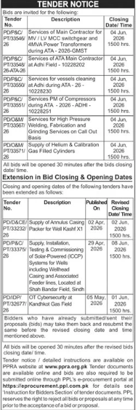 Consolidated Tender Notice & Extension in Bid Closing/Opening Dates - Pakistan Petroleum Limited (PPL)