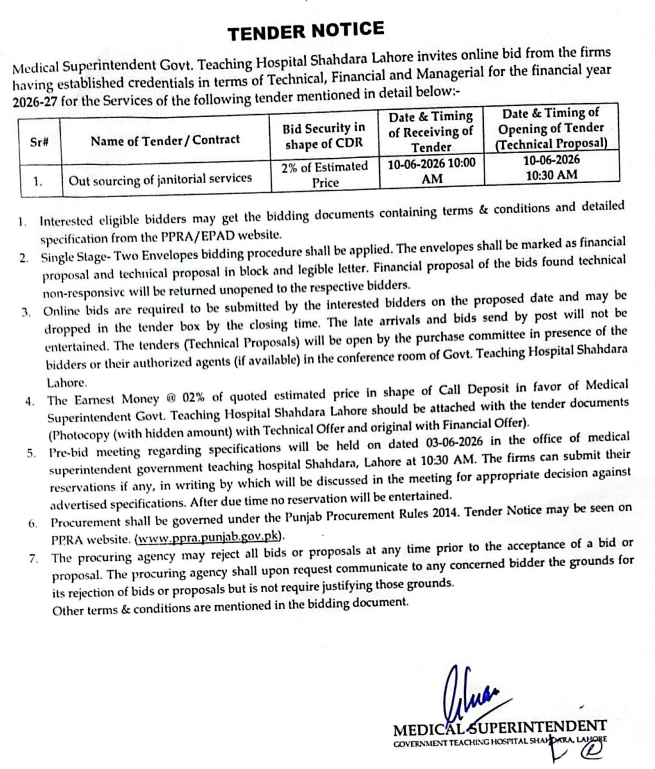 Out sourcing of Janitorial Services - Govt. Teaching Hospital Shahdara Lahore - Medical Superintendent Govt. Teaching Hospital Shahdara Lahore