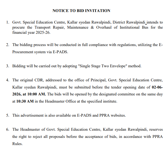 Transport Repair, Maintenance & Overhaul of Institutional Bus - Govt. Special Education Centre, Kallar Syedan Rawalpindi