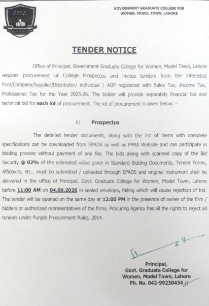 Procurement of College Prospectus - Government Graduate College for Women, Model Town, Lahore - Government Graduate College for Women, Model Town, Lahore
