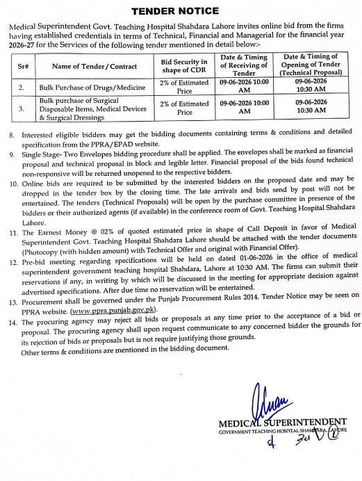 Bulk Purchase of Drugs/Medicine & Bulk Purchase of Surgical Disposable Items, Medical Devices & Surgical Dressings - Govt. Teaching Hospital Shahdara Lahore - Medical Superintendent Govt. Teaching Hospital Shahdara Lahore