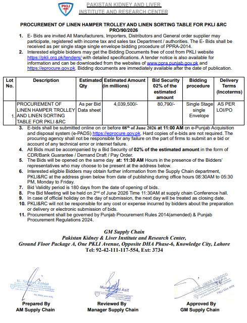 Procurement of Linen Hamper Trolley and Linen Sorting Table for PKLI & RC - PRO/9/2026 - Pakistan Kidney and Liver Institute and Research Center (PKLI & RC)