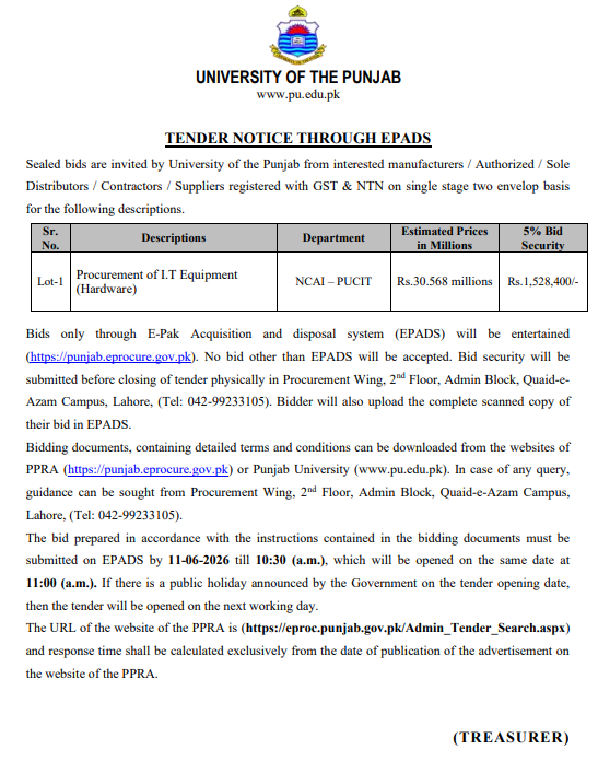Procurement of I.T Equipment (Hardware) - NCAI - PUCIT, University of the Punjab - University of the Punjab