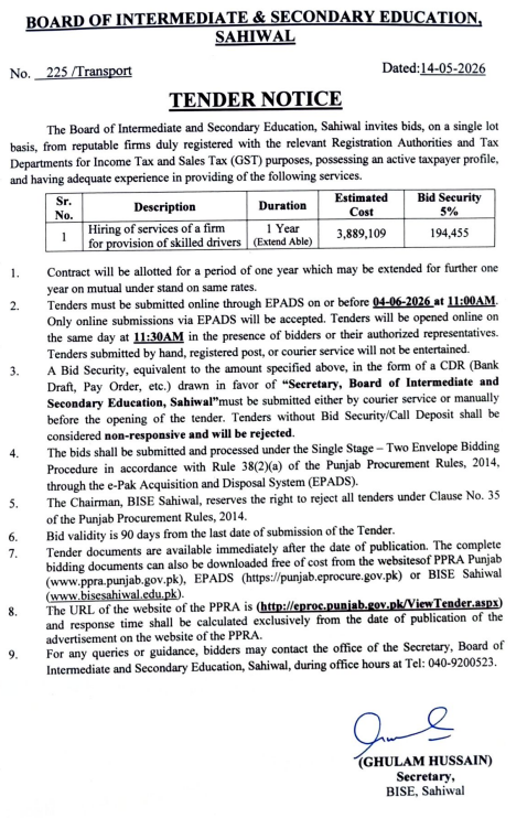 Hiring of Services of a Firm for Provision of Skilled Drivers - BISE Sahiwal - Board of Intermediate & Secondary Education, Sahiwal
