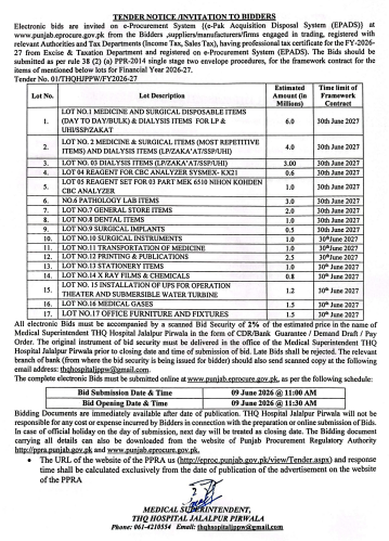 Medicine & Surgical Disposable Items, Reagent, Dental Items, Surgical Implants, Stationery Items, Transportation, X-Ray Films, UPS/Solar System, Medical Gases, Furniture & Fixtures - THQ Hospital Jalalpur Pirwala - Medical Superintendent THQ Hospital Jalalpur Pirwala