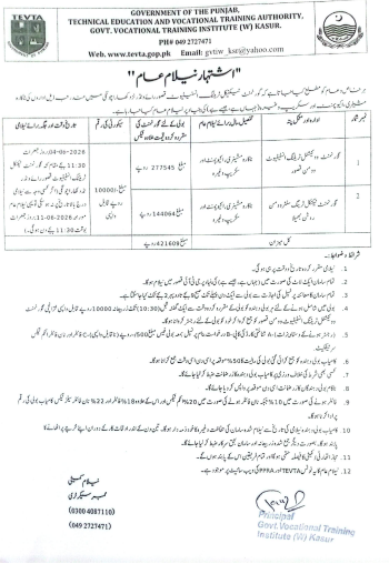 Procurement of Electric Fans, Water Dispenser, Office Furniture - Govt. Vocational Training Institute (W) Kasur - Govt. Vocational Training Institute (W) Kasur, TEVTA