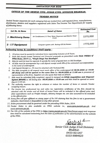 Supply of Machinery Items & I.T Equipment - Office of the Senior Civil Judge (Civil Division) Bhakkar - Office of the Senior Civil Judge (Civil Division) Bhakkar