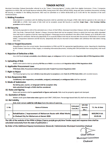 TENDER NOTICE - Rehabilitation / Improvement of Muharram Route with Allied Works in Chakwal City For Muharram-ul-Haram 2026 - Municipal Committee Chakwal