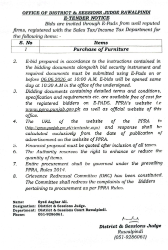 E-TENDER NOTICE - Purchase of Furniture - Office of District & Sessions Judge, Rawalpindi