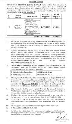 TENDER NOTICE - Supply of Furniture items for offices of District Judiciary Layyah for Financial Year 2025-26-A WH#3 - District & Sessions Judge, Layyah