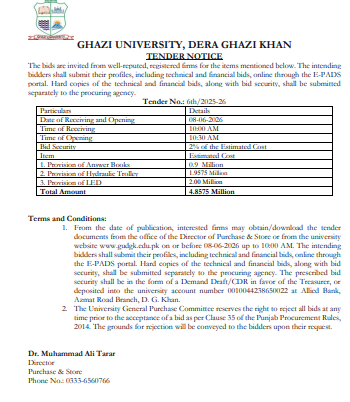 TENDER NOTICE - Provision of Answer Books, Multipurpose Trolley, LED Panels - Tender No: fsd/2025-26 - Ghazi University, Dera Ghazi Khan