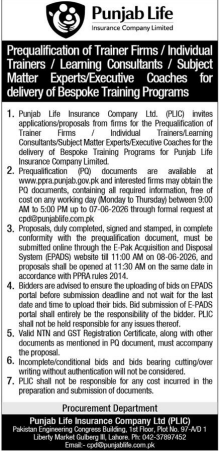 Prequalification of Trainer Firms / Individual Trainers / Learning Consultants / Subject Matter Experts/Executive Coaches for delivery of Bespoke Training Programs - Punjab Life Insurance Company Limited (PLIC)