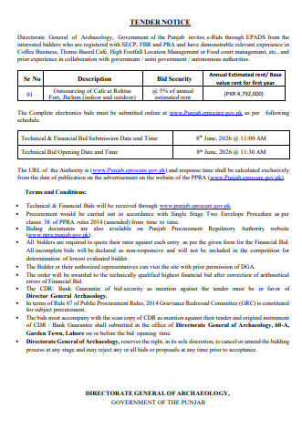 TENDER NOTICE - Outsourcing of Cafe at Rohtas Fort, Jhelum - Directorate General of Archaeology, Government of the Punjab