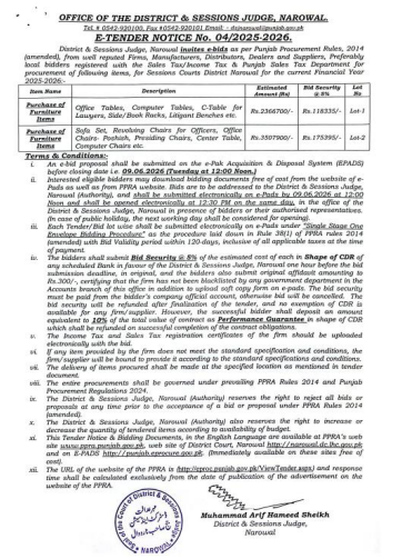 E-TENDER NOTICE No. 04/2025-2026 - Purchase of Furniture and I.T Equipment Items for District Judiciary Narowal - Office of the District & Sessions Judge, Narowal