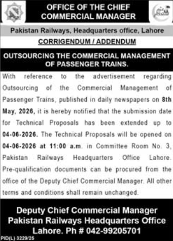 CORRIGENDUM / ADDENDUM - OUTSOURCING THE COMMERCIAL MANAGEMENT OF PASSENGER TRAINS - Pakistan Railways, Headquarters office, Lahore